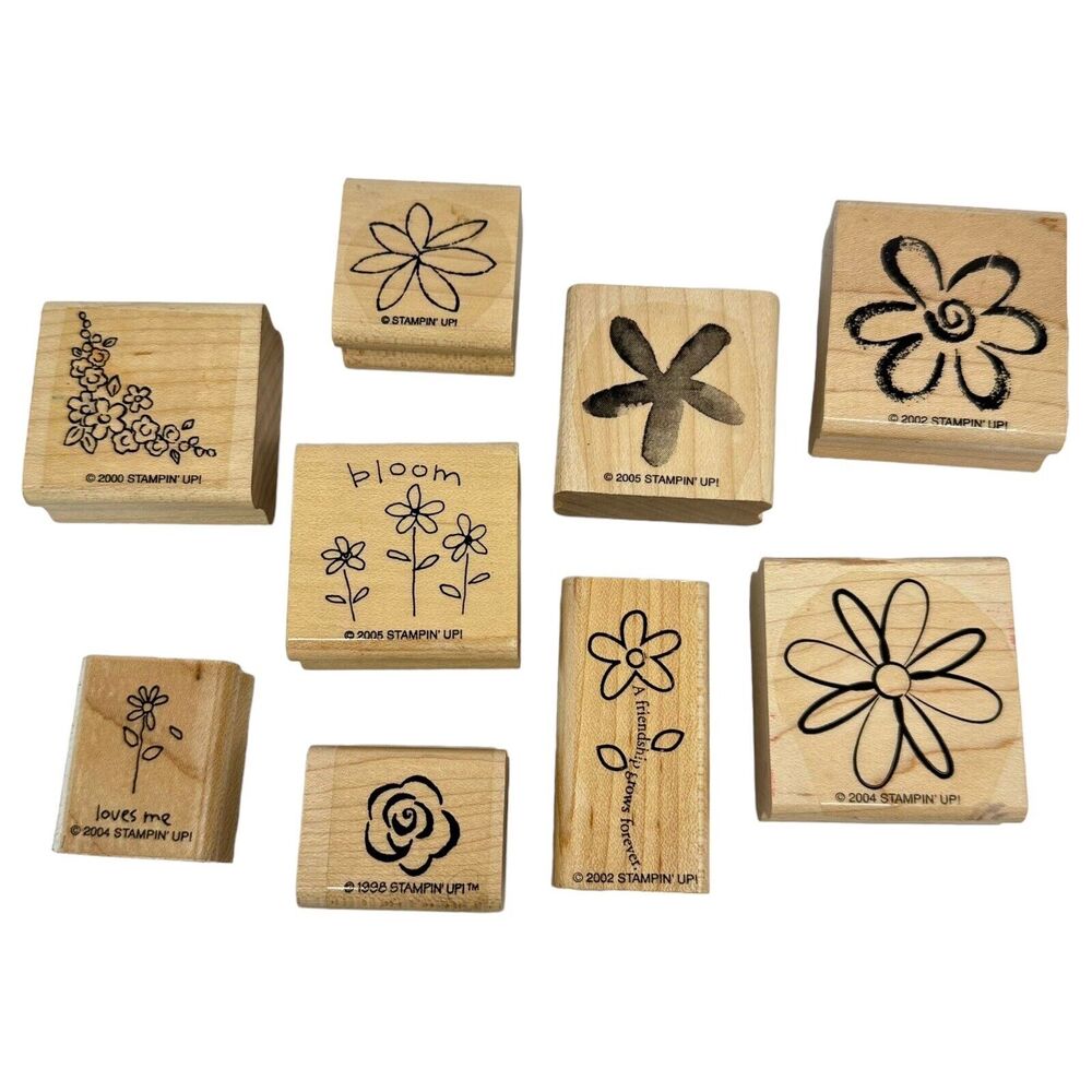 Lot of 9 Stampin' Up Floral Rubber‎ Stamps Wood Mounted Vintage 1998–2005 Set